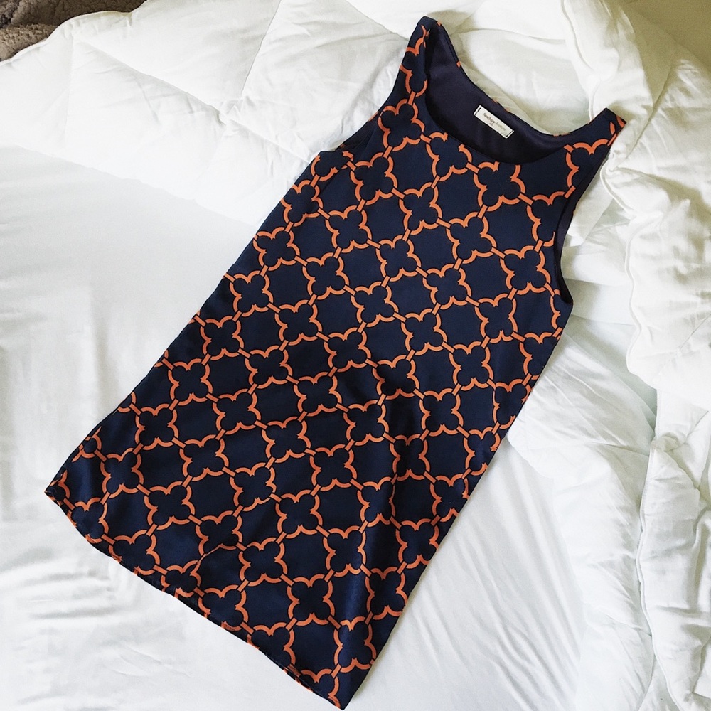 Navy Shift Dress Quartrefoil Pattern